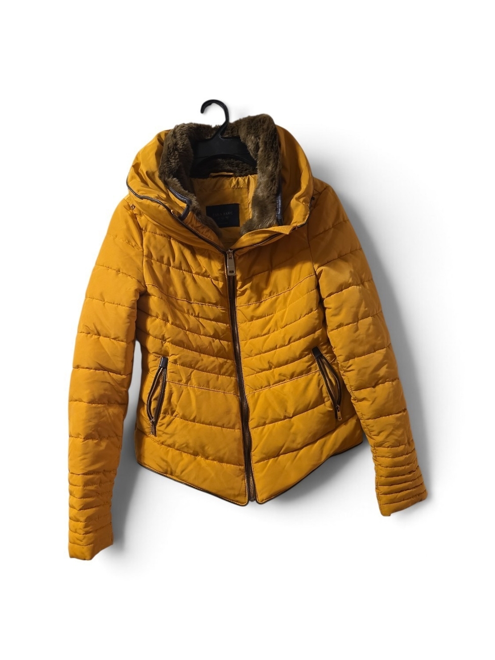 Zara Mustard Quilted Puffer Jacket with Faux Fur Trim
